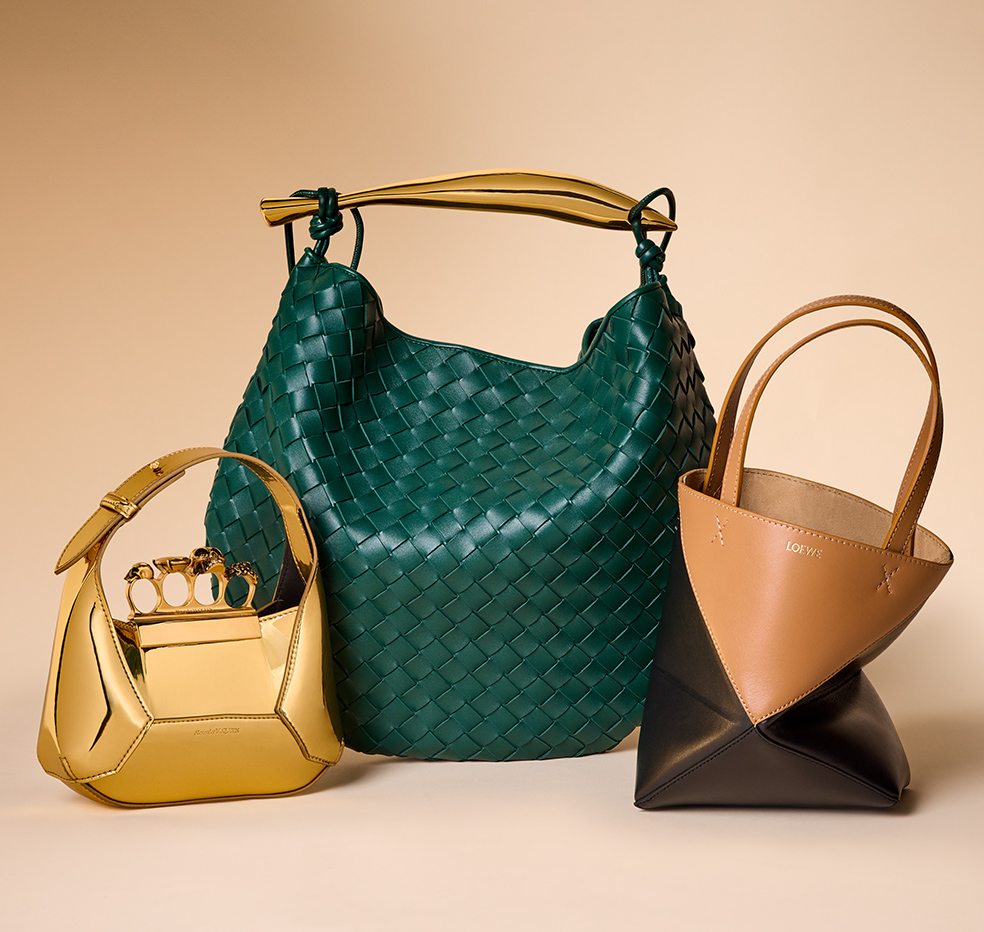 green bag, gold bag and leather bag